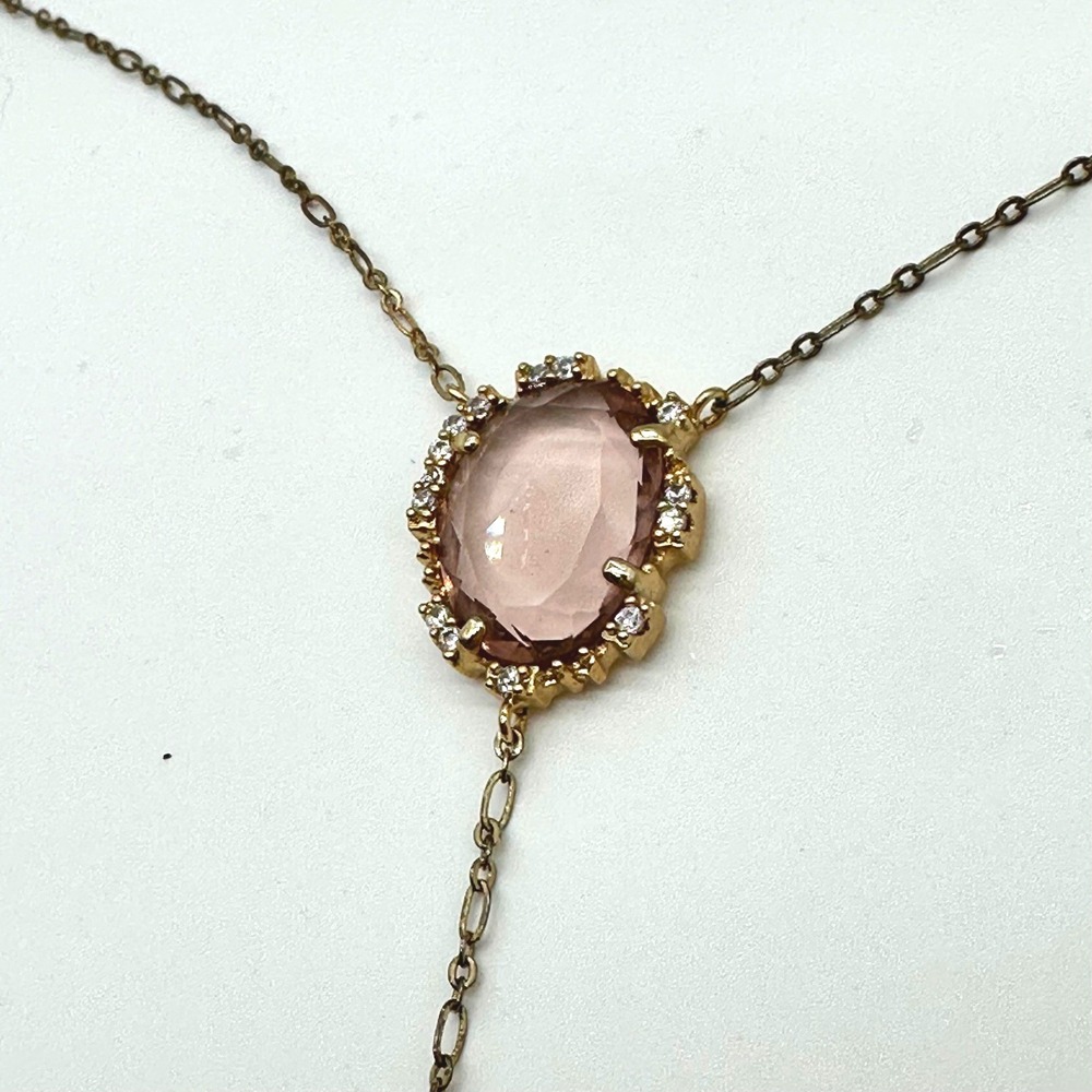 Serefina x Anthropologie Gold Tone Pink Oval Stone Y-Drop Necklace Crystal Charm